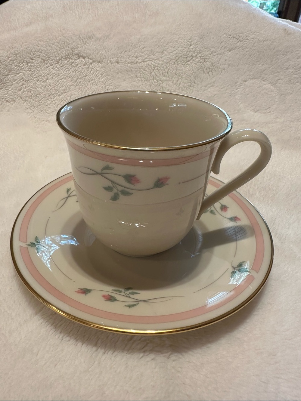 Lenox Cream Teacup and Saucer with Pink Rose Motif and Gold Trim